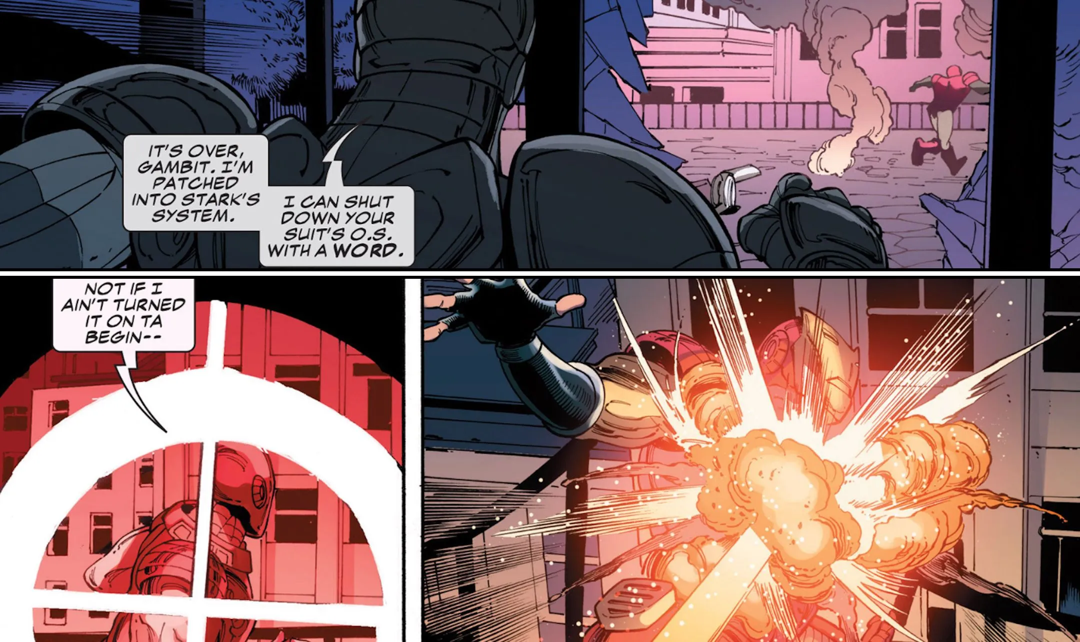 War Machine vs. Gambit in armor War Machine vs. Gambit in armor