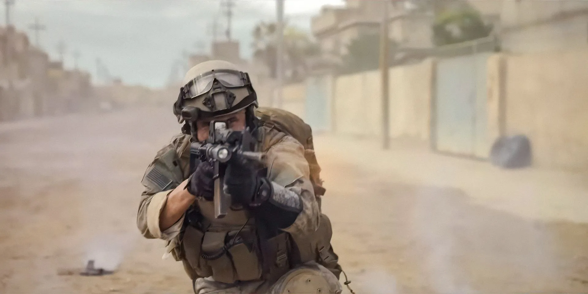 A soldier aiming a rifle down a street in Warfare