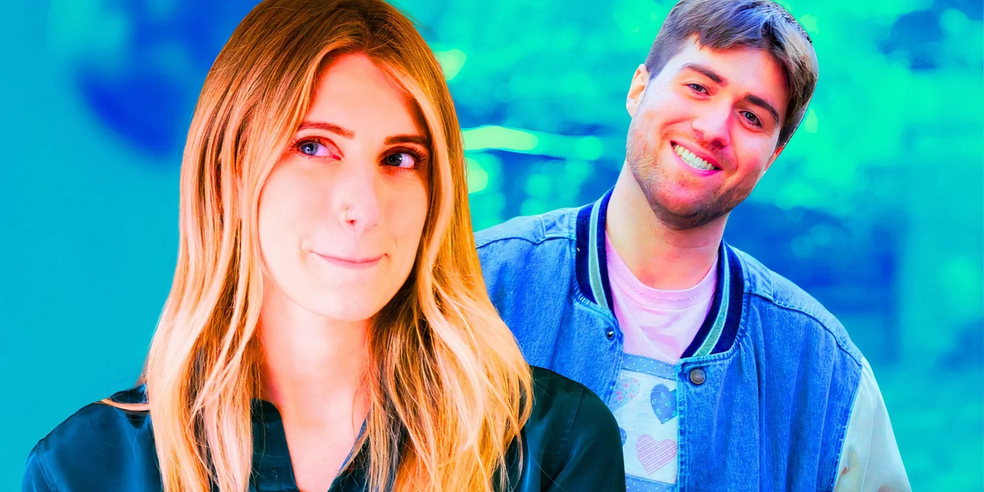 Welcome to Plathville star Olivia Plath in montage with boyfriend Brendan featuring blue green background