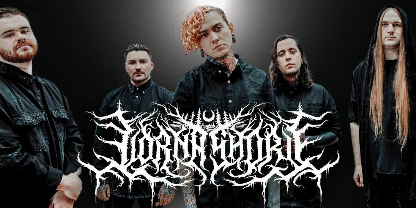 The band Lorna Shore alongside their logo The band Lorna Shore alongside their logo