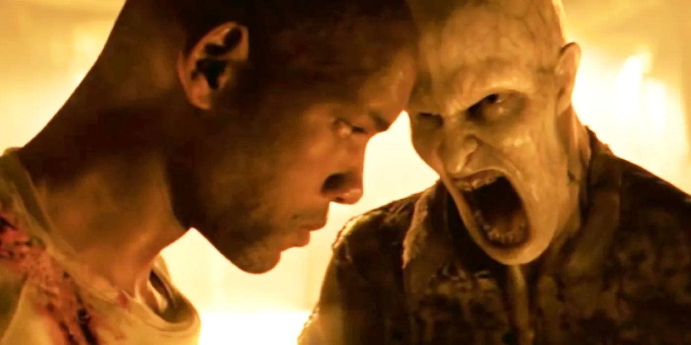 The Alpha Male (Dash Mihok) Darkseeker screams at Neville (Will Smith) in the alternate ending of I Am Legend. The Alpha Male (Dash Mihok) Darkseeker screams at Neville (Will Smith) in the alternate ending of I Am Legend.