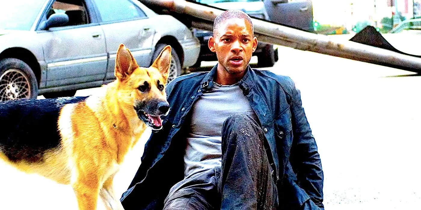Will Smith falls on the ground next to his dog in I Am Legend Will Smith falls on the ground next to his dog in I Am Legend