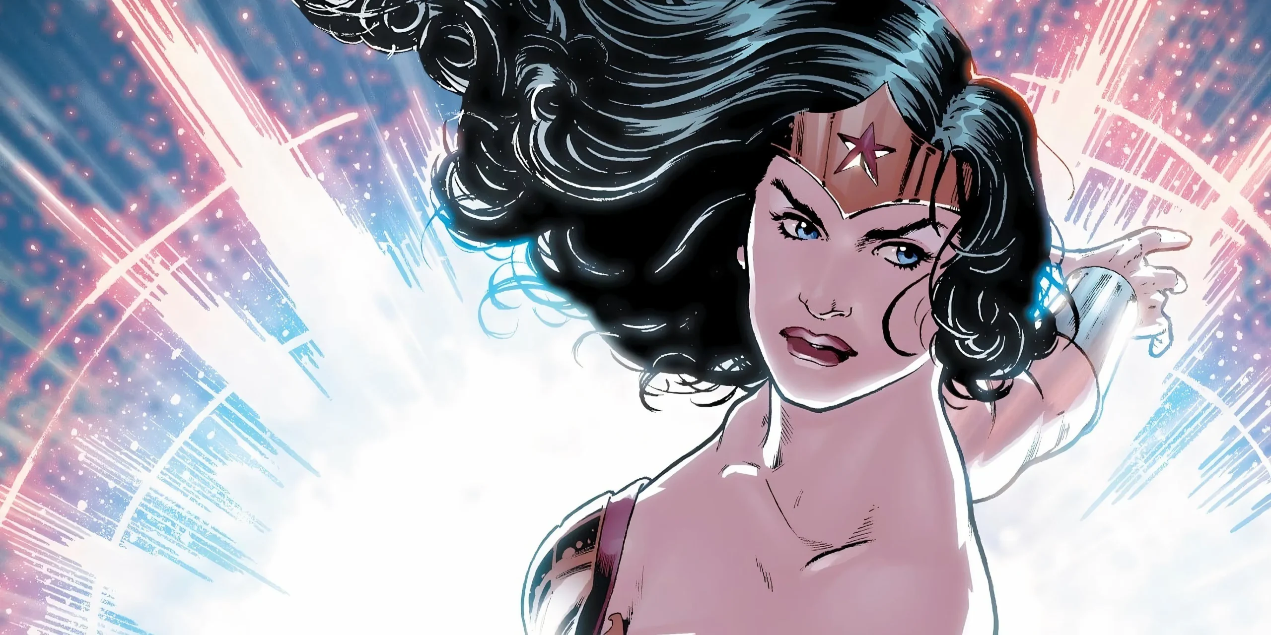 Comic book art: Wonder Woman in front of a glowing portal.
