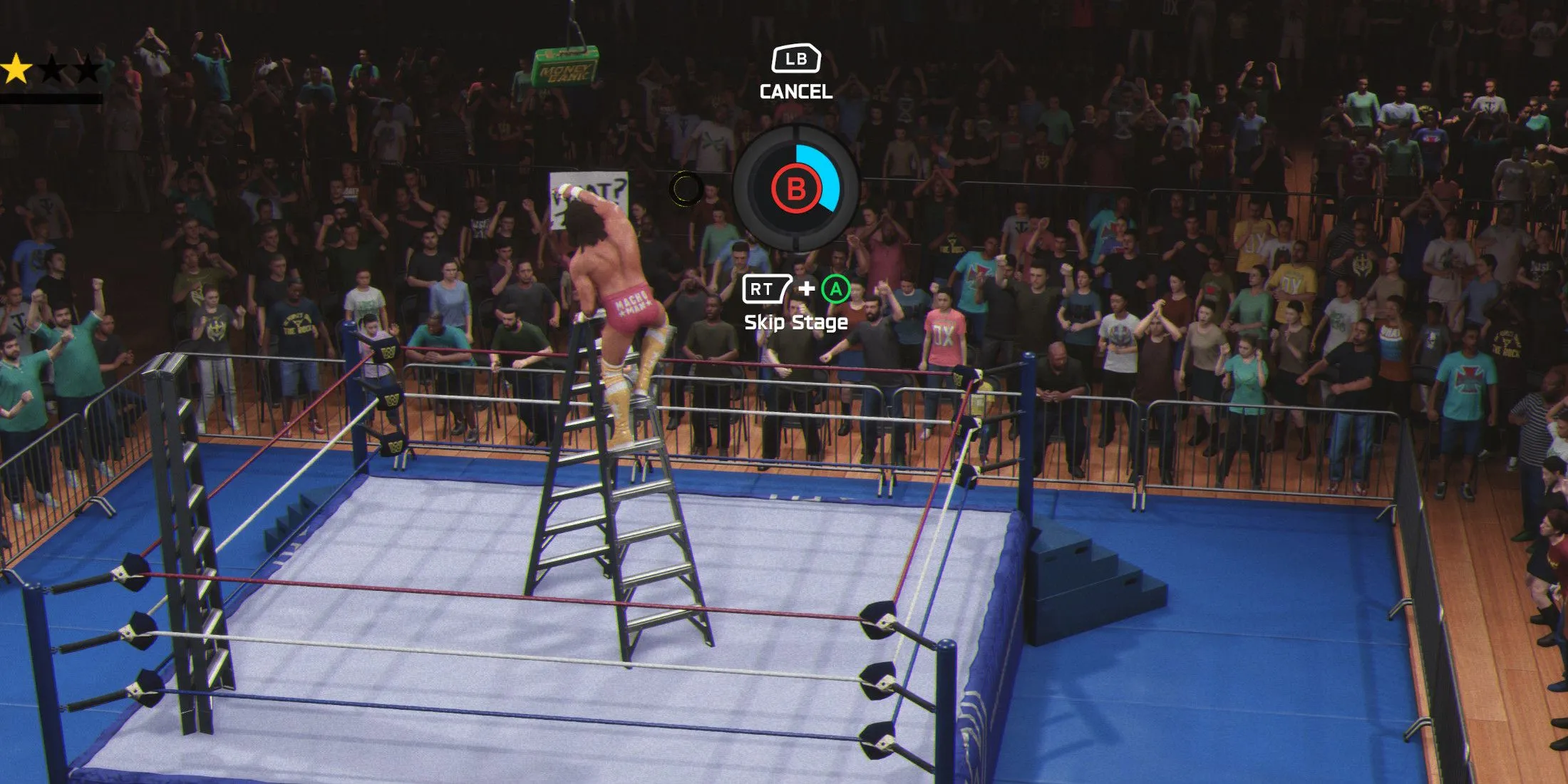 Macho Man climbing the ladder for the briefcase Macho Man climbing the ladder for the briefcase