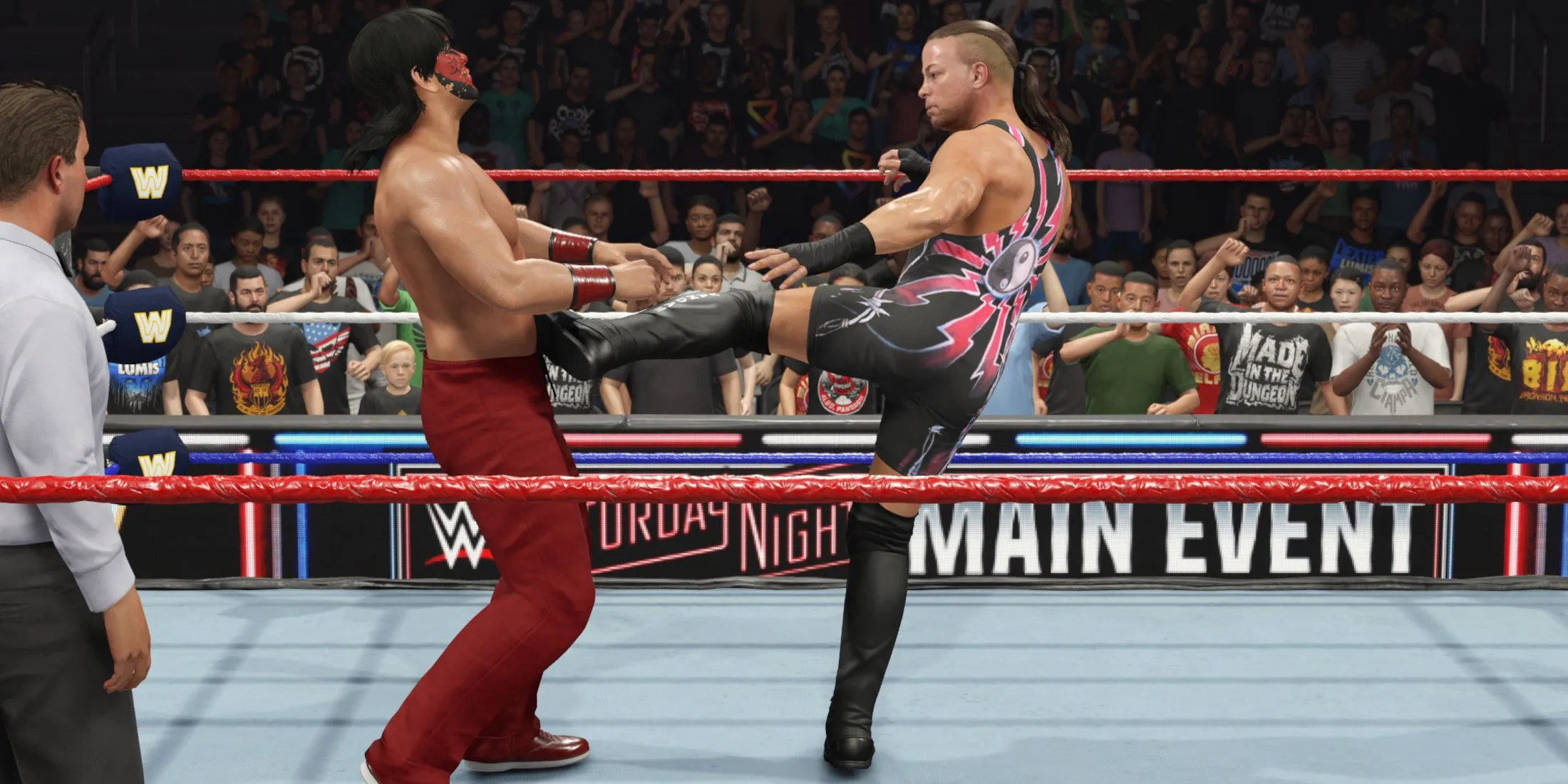 RVD hitting a left kick RVD hitting a left kick