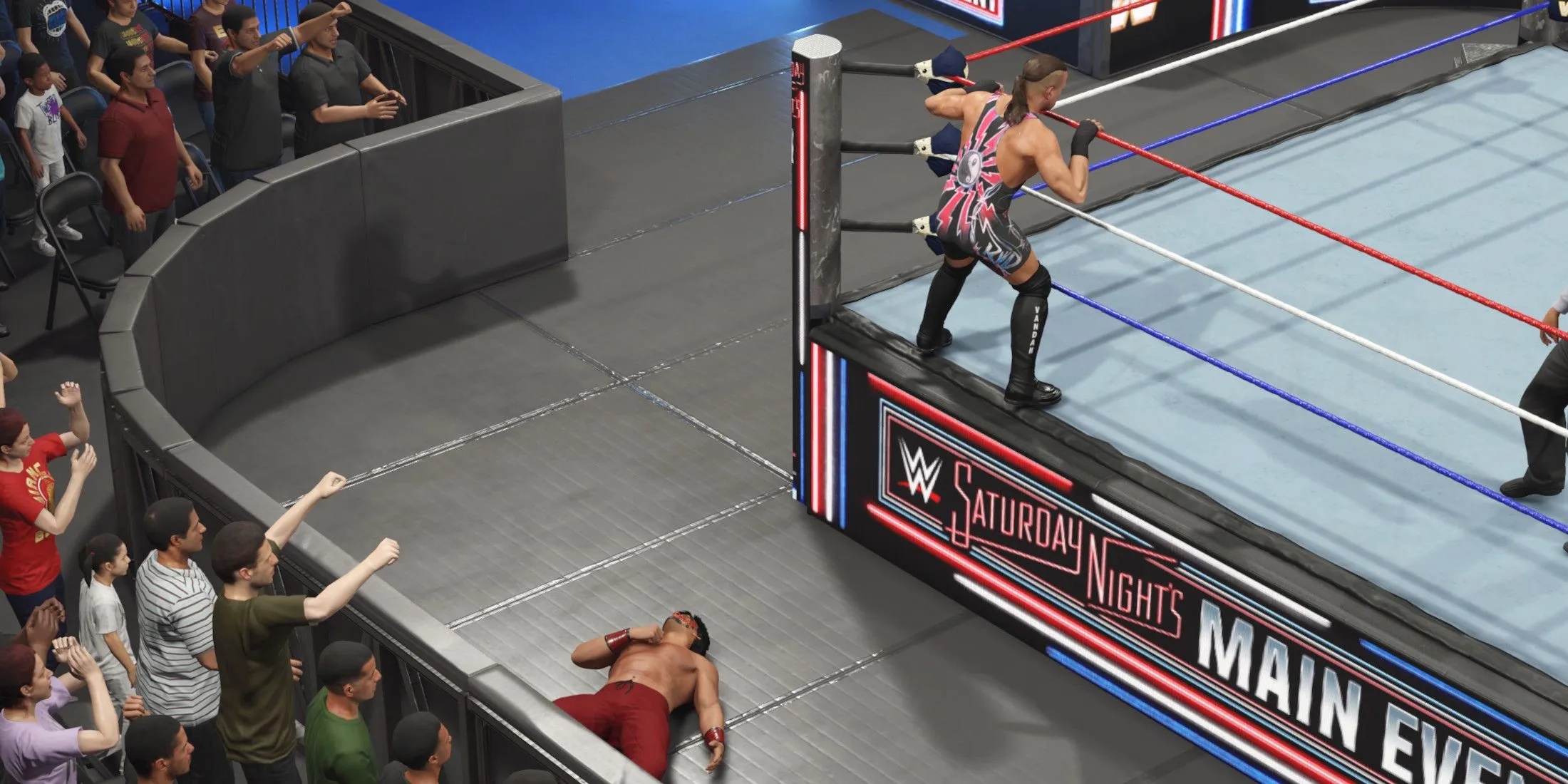RVD prepares for a springboard attack to the outside RVD prepares for a springboard attack to the outside
