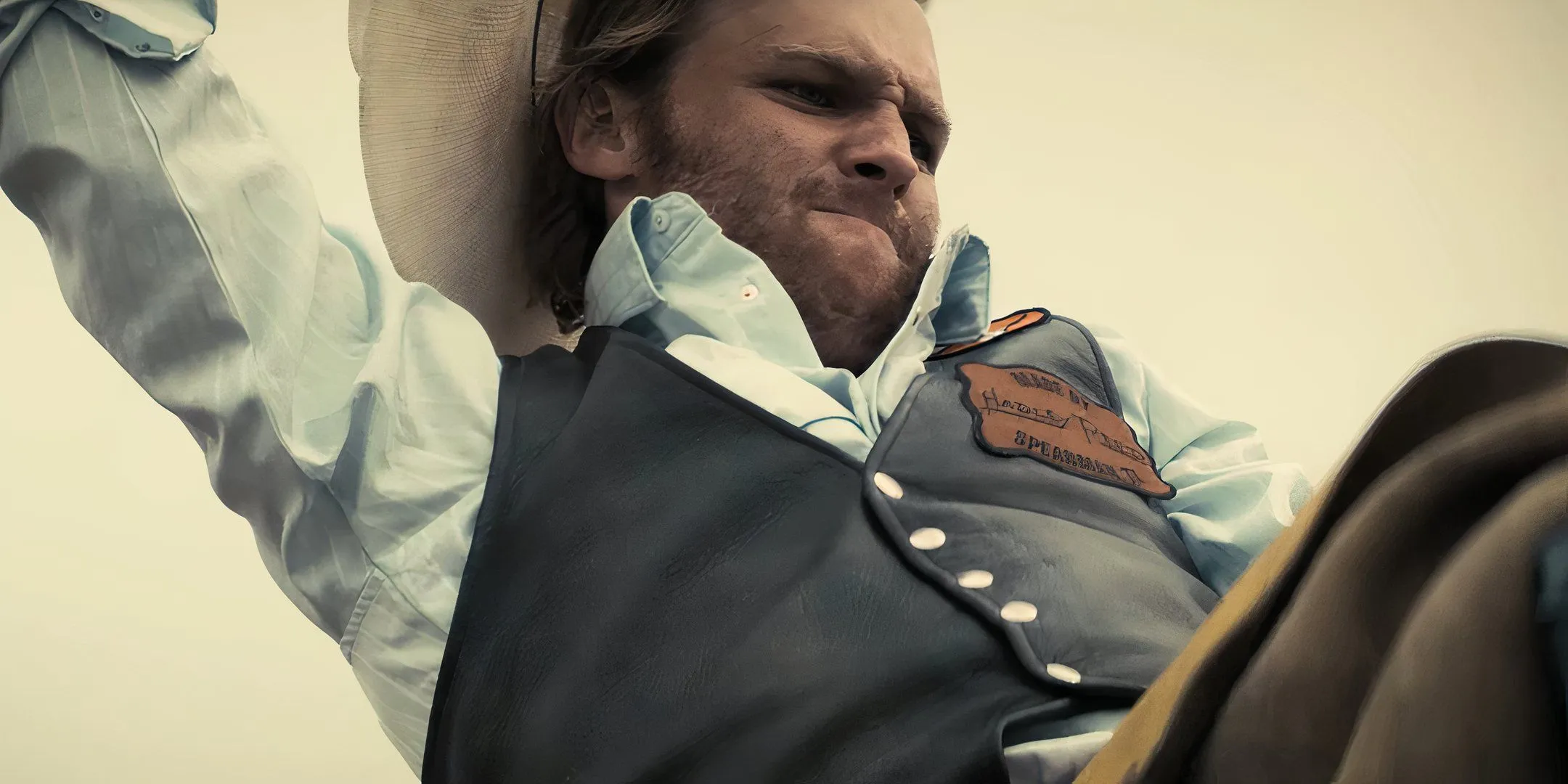 Wyatt Russell as True determined while riding a bronco Wyatt Russell as True determined while riding a bronco