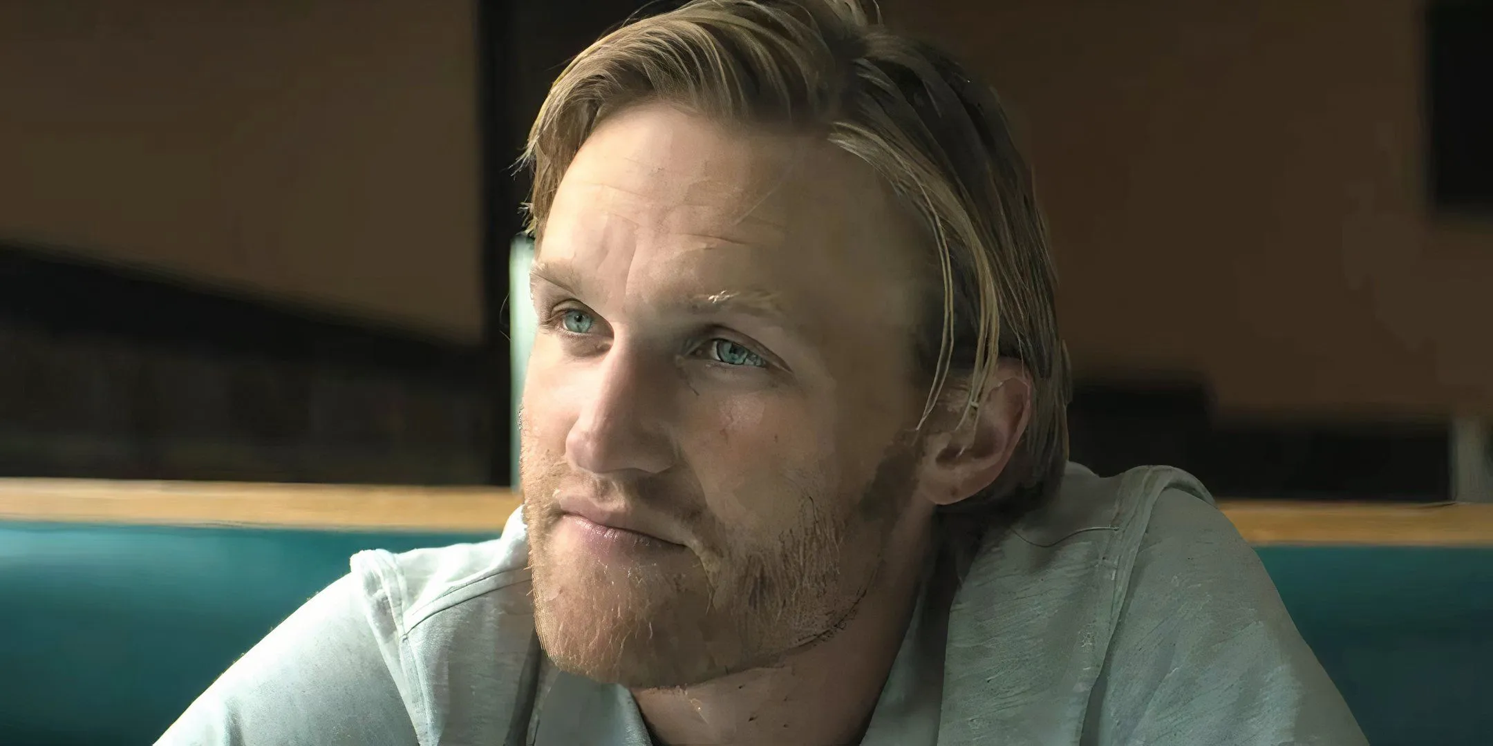 Wyatt Russell as True looking thoughtfully at someone in Broke Wyatt Russell as True looking thoughtfully at someone in Broke