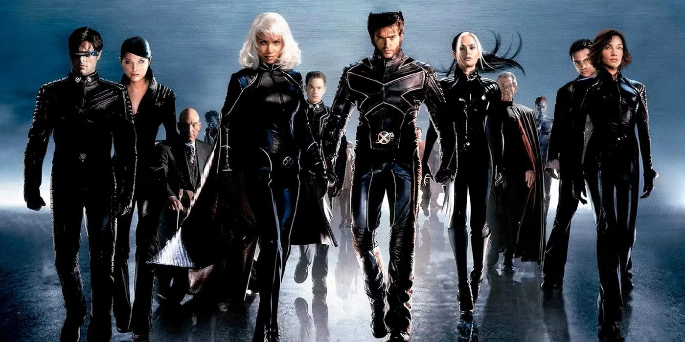 Team wearing costumes in 2000's X-Men movie Team wearing costumes in 2000's X-Men movie