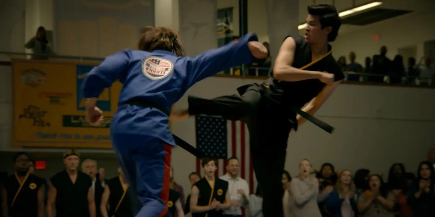 Miguel kicking Xander Stone in the Cobra Kai All Valley Tournament