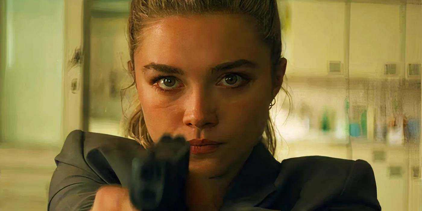Yelena Belova aiming her gun at Natasha Romanoff in Black Widow Yelena Belova aiming her gun at Natasha Romanoff in Black Widow
