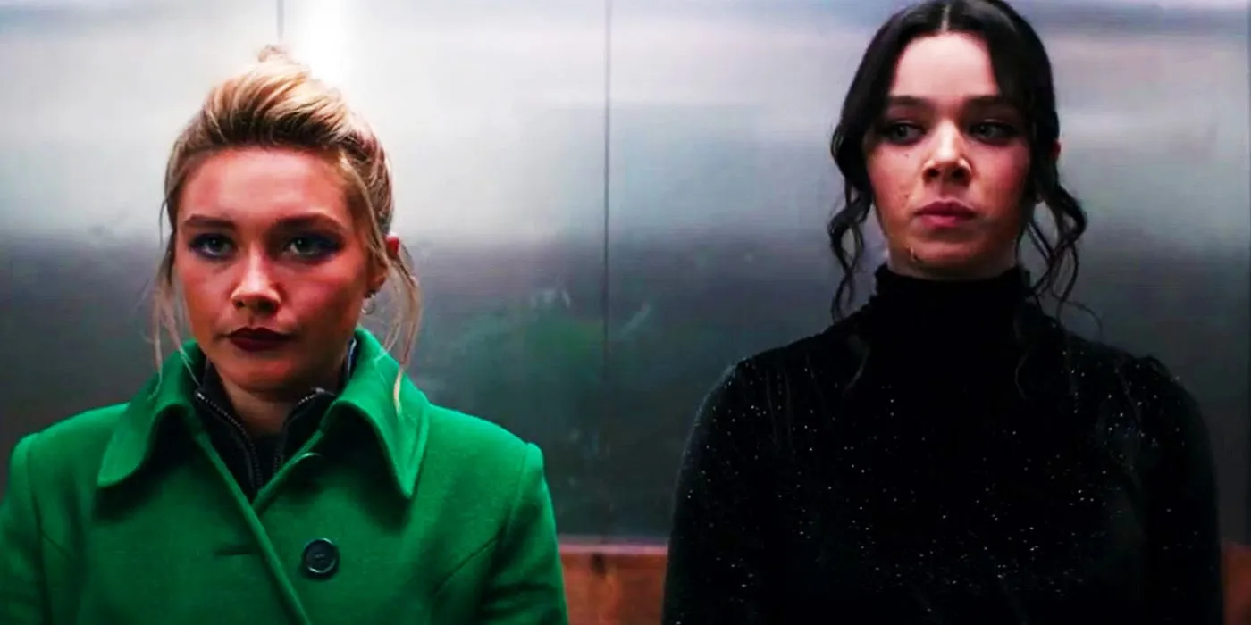 Yelena Belova and Kate Bishop in an elevator in Hawkeye Yelena Belova and Kate Bishop in an elevator in Hawkeye