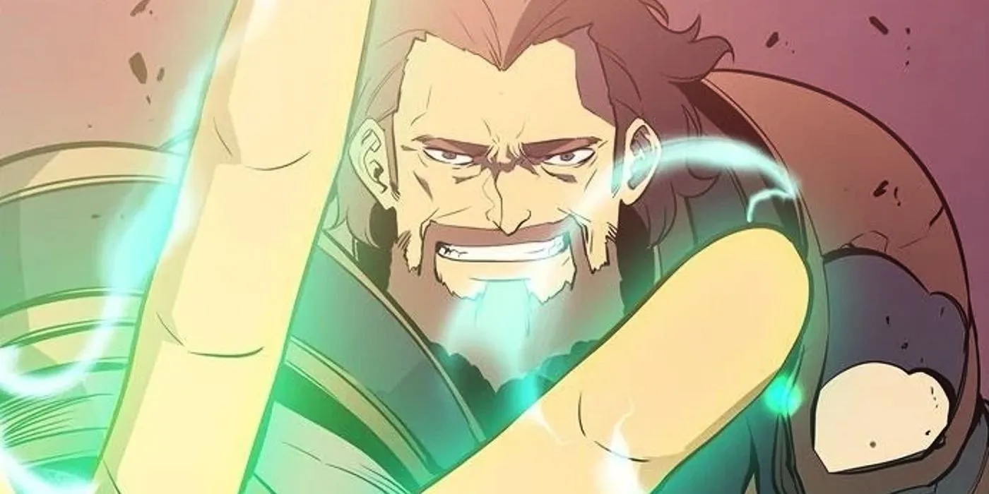 Yuri Orloff from Solo Leveling smiling with his arm outstretched as he creates a barrier Yuri Orloff from Solo Leveling smiling with his arm outstretched as he creates a barrier