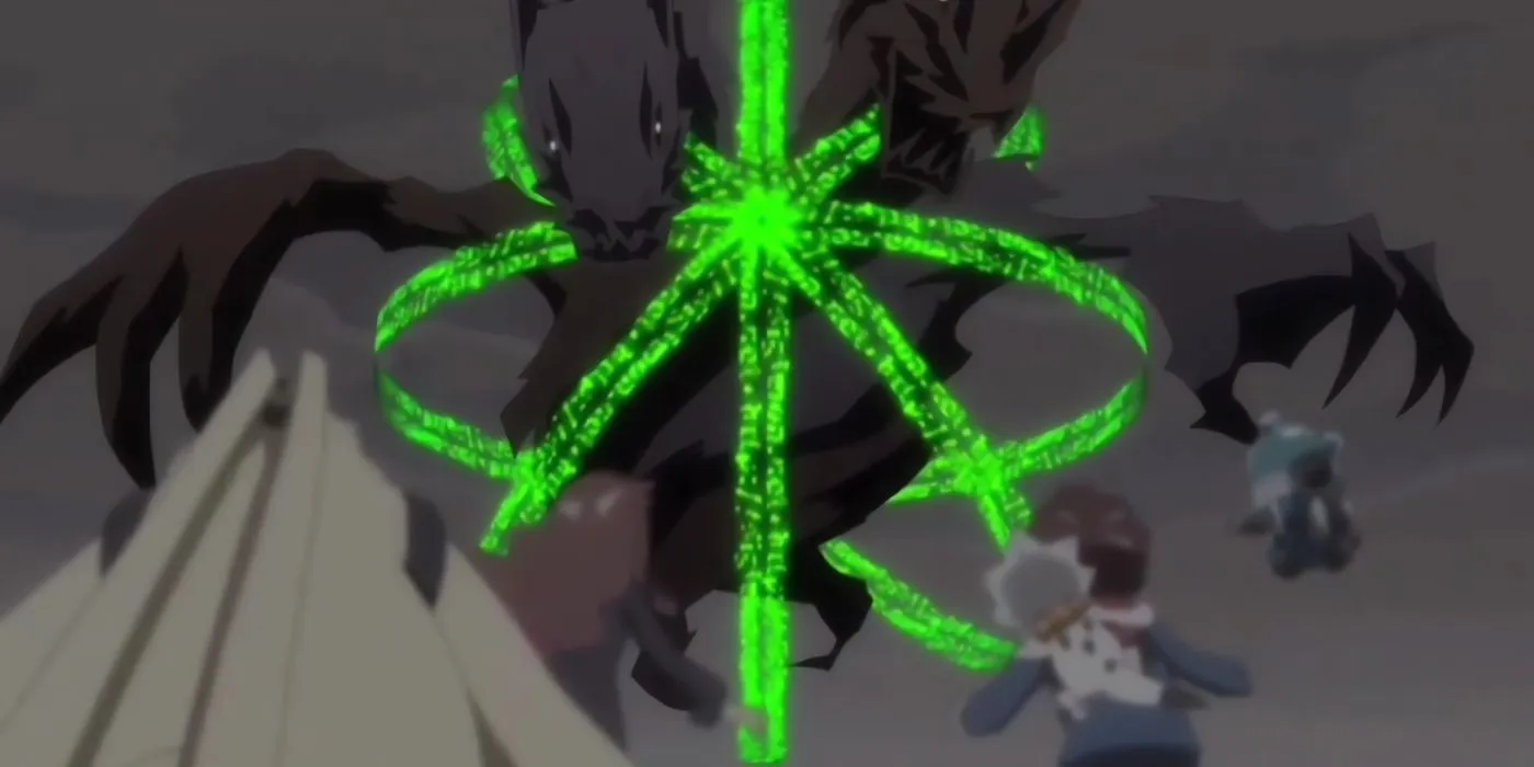 ZeedMilleniumon appears in front of the main cast ZeedMilleniumon appears in front of the main cast