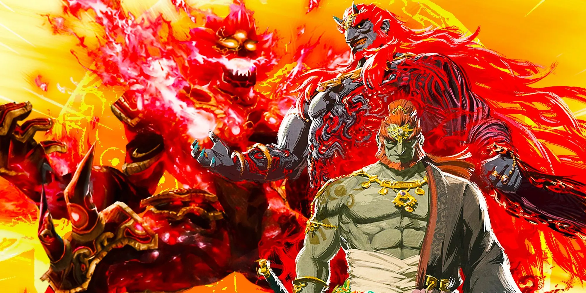 Calamity Ganon from Hyrule Warriors: Age of Calamity next to Ganondorf from Zelda: Tears of the Kingdom.