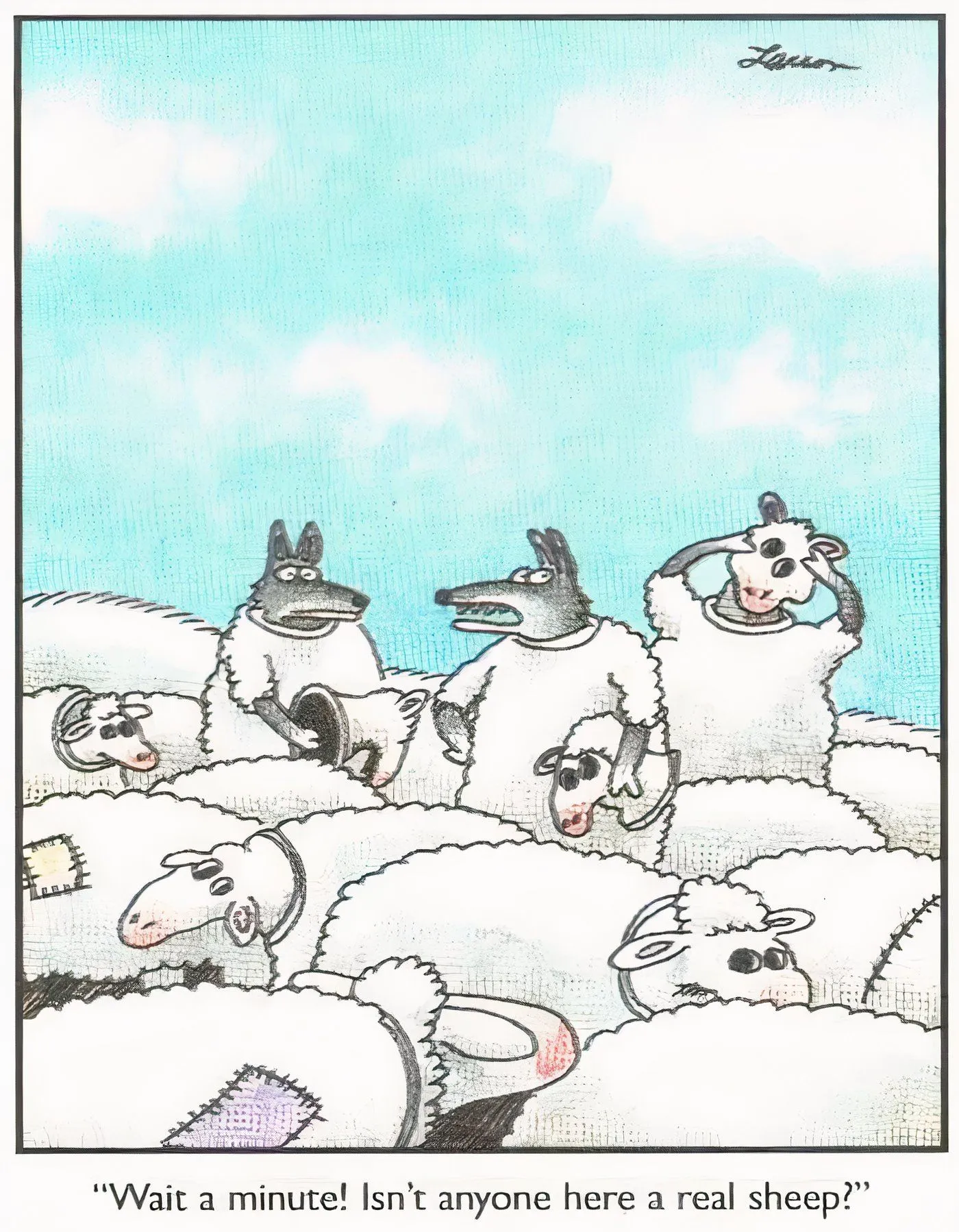 Wolves in sheep's clothing in The Far Side. Wolves in sheep's clothing in The Far Side.