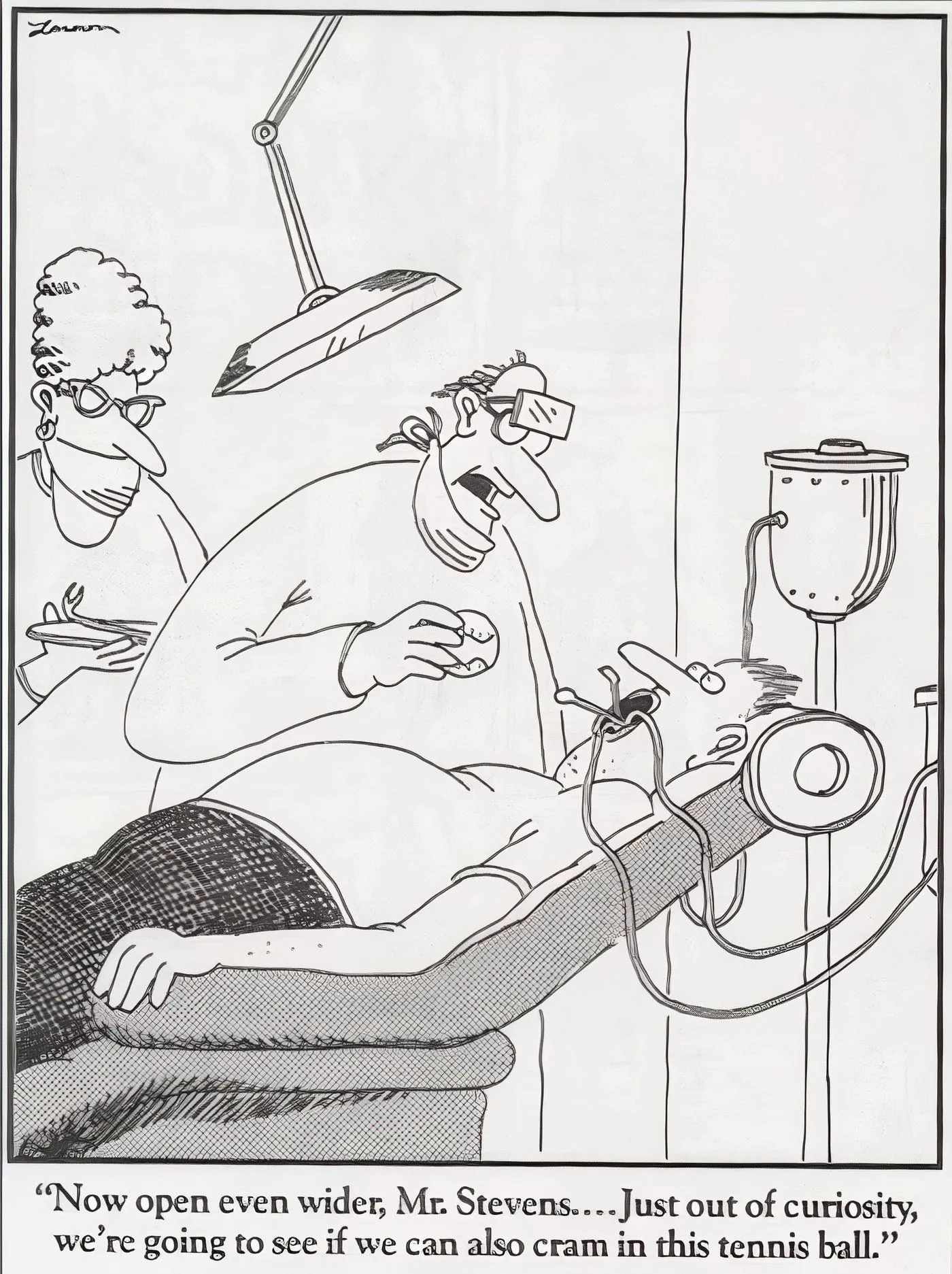 A man strapped to a dentist's chair in The Far Side. A man strapped to a dentist's chair in The Far Side.