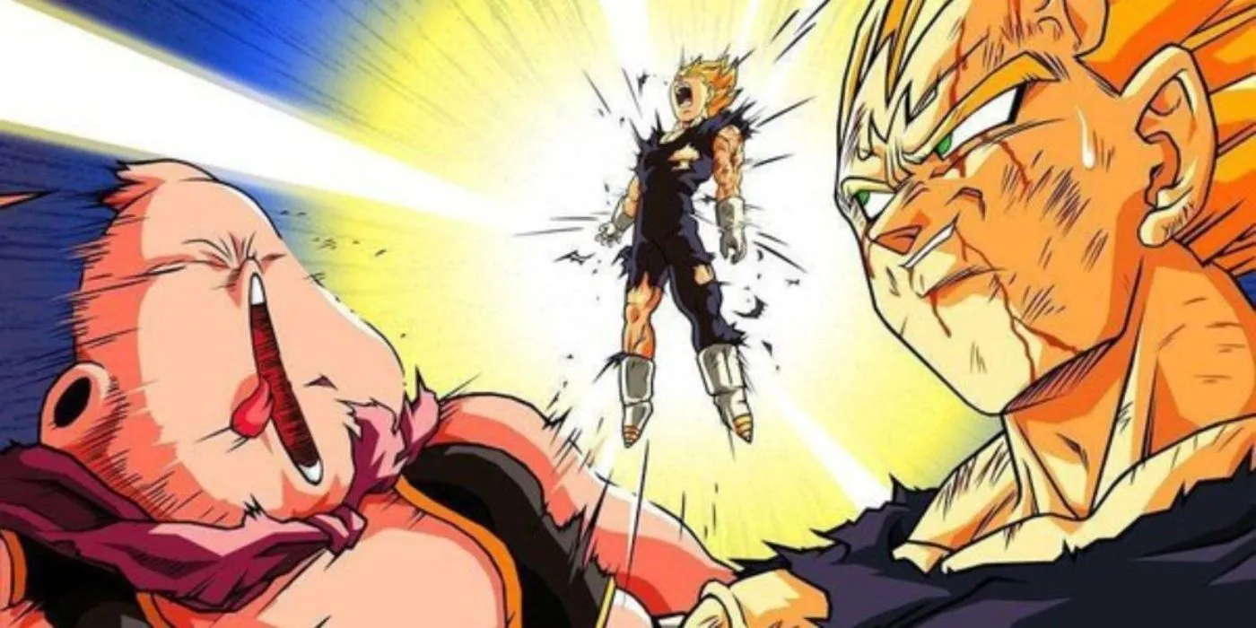 DBZ's Majin Vegeta sacrificing himself to kill Majin Buu. DBZ's Majin Vegeta sacrificing himself to kill Majin Buu.