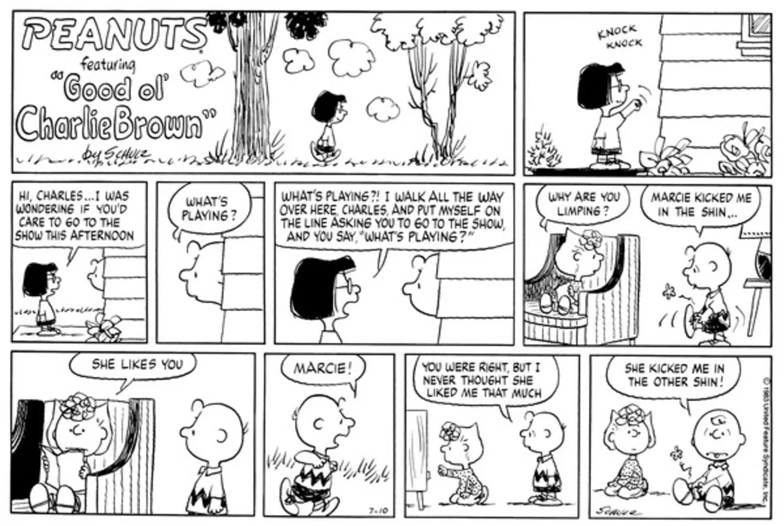 Charlie Brown getting kicked in the shins by Marcie and telling Sally about it.