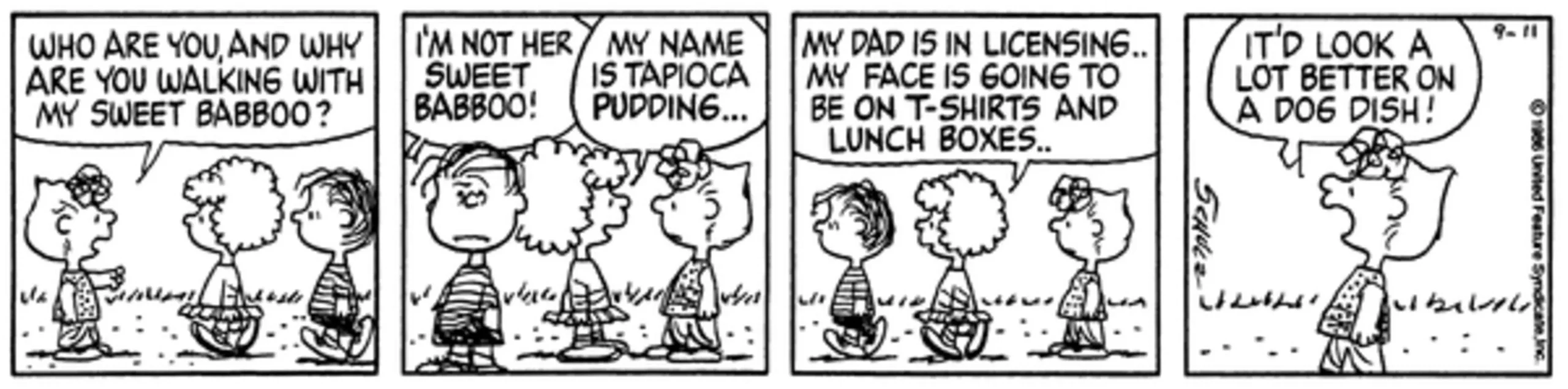 Sally gets mad at Tapioca Pudding and Linus together.
