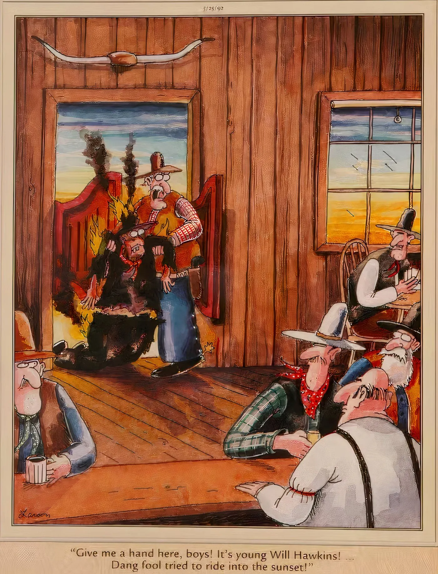 A cowboy on fire after riding into the sunset in The Far Side. A cowboy on fire after riding into the sunset in The Far Side.