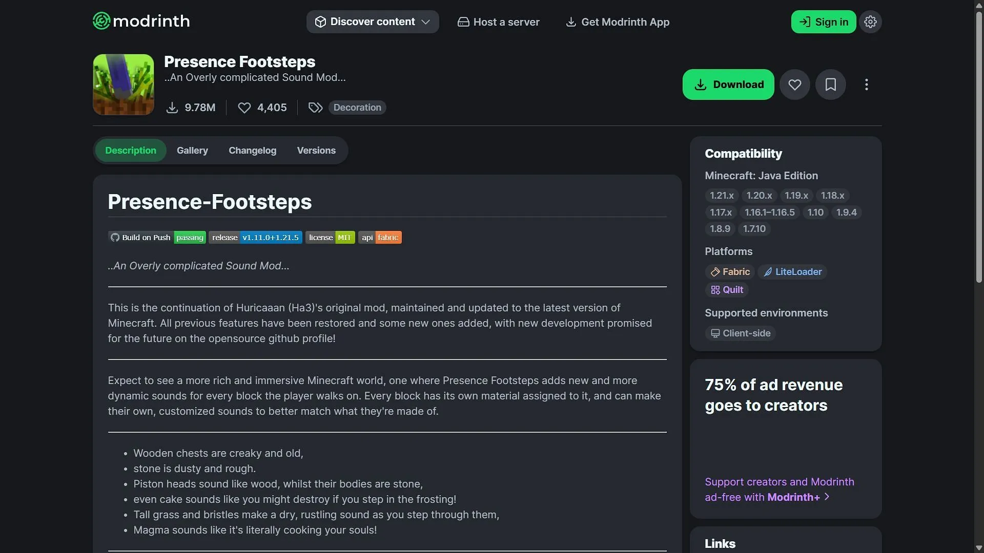 Presence Footsteps mod can be downloaded from the Modrinth app (Image via Modrinth/Sollace) Presence Footsteps mod can be downloaded from the Modrinth app (Image via Modrinth/Sollace)