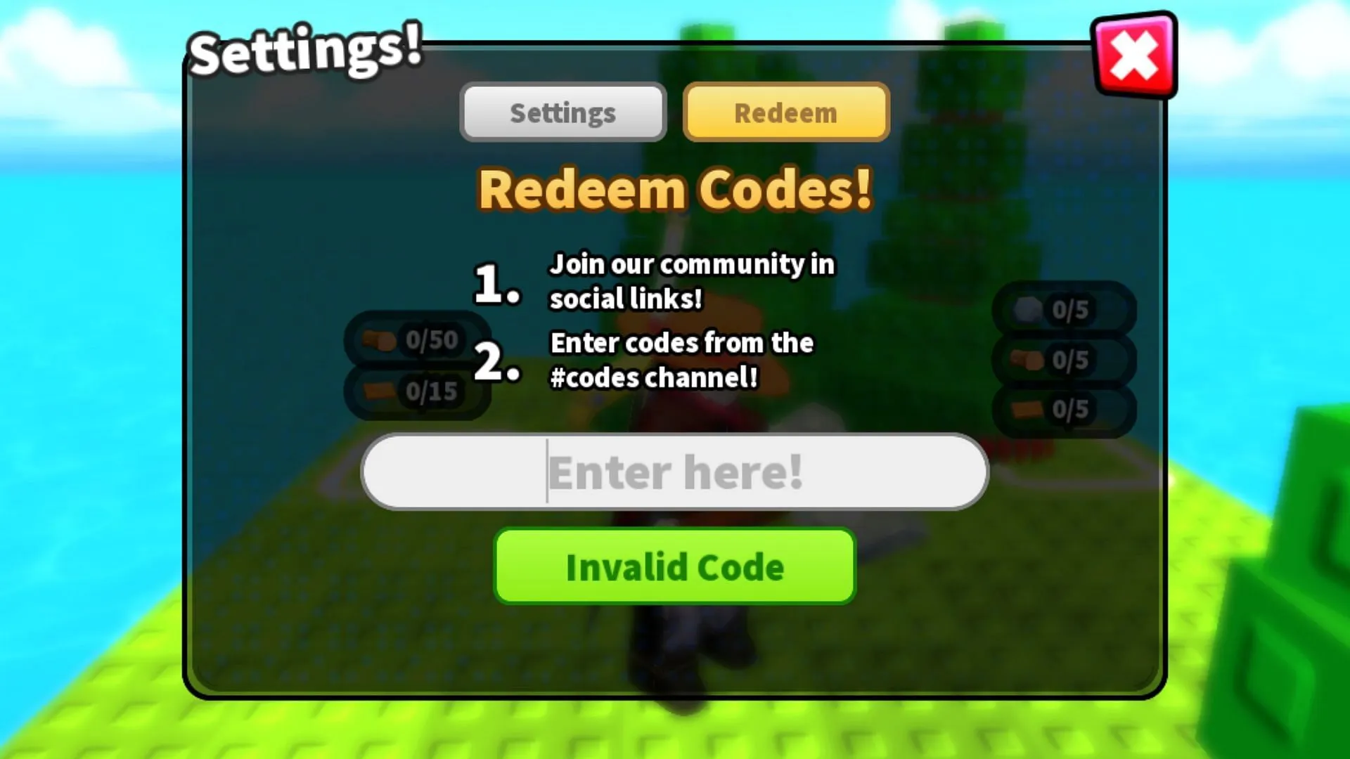 Invalid Code error in Build an Island (Image via Roblox)