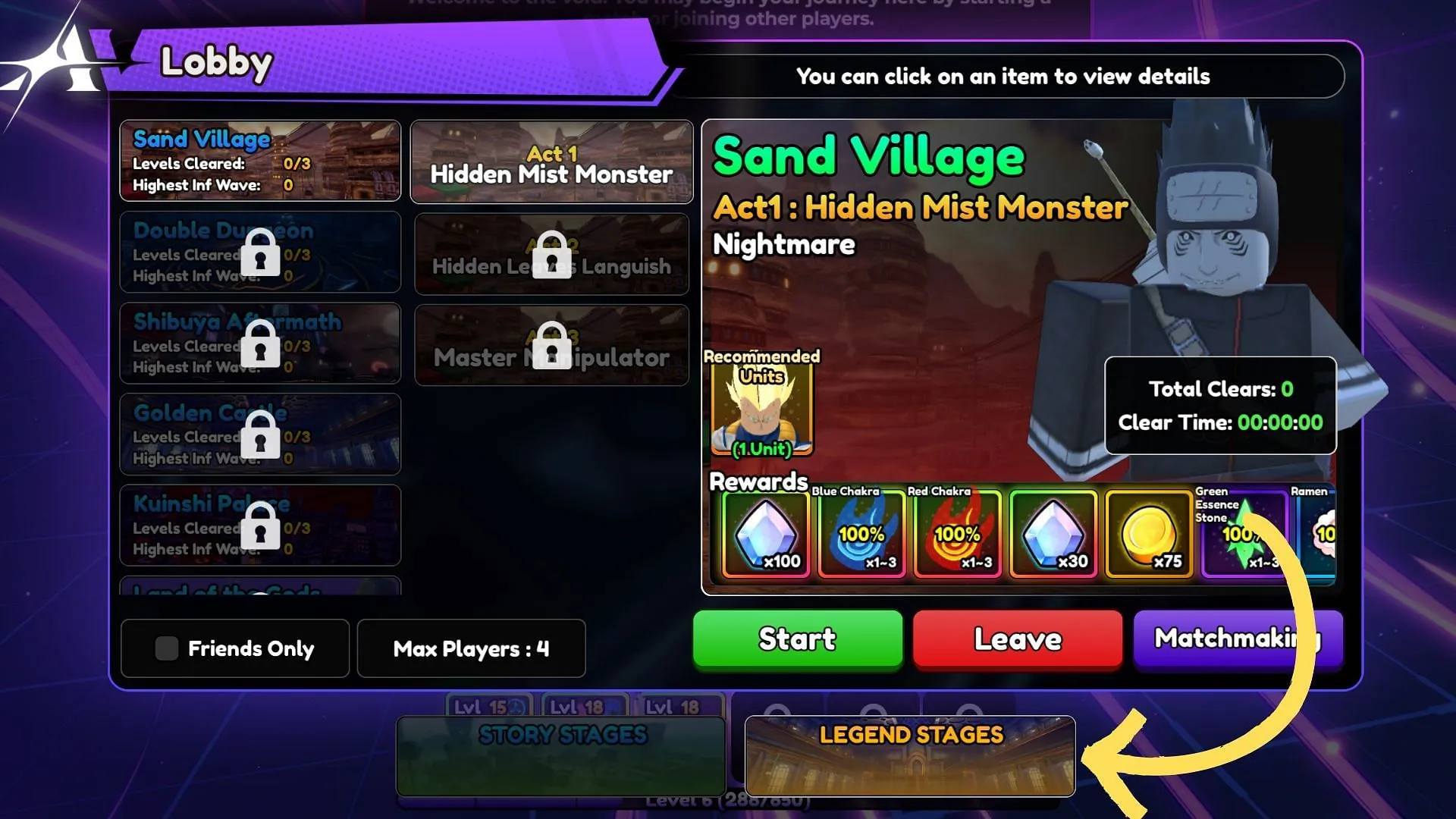 Unlocking a new Legend Stage occurs after finishing the Story Mode (Image via Roblox)