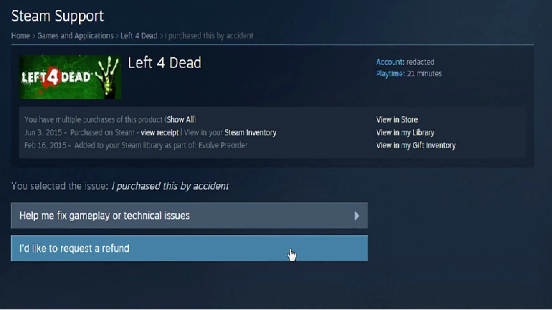 Select refund option on Steam (Image via Steam) Select refund option on Steam (Image via Steam)