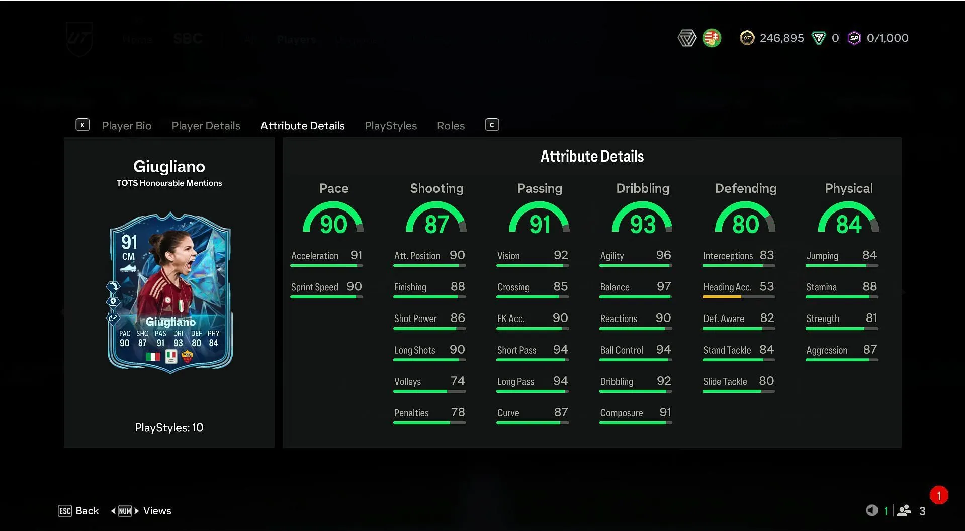 Manuela Giugliano TOTS HM SBC item stats (Image via EA Sports)
