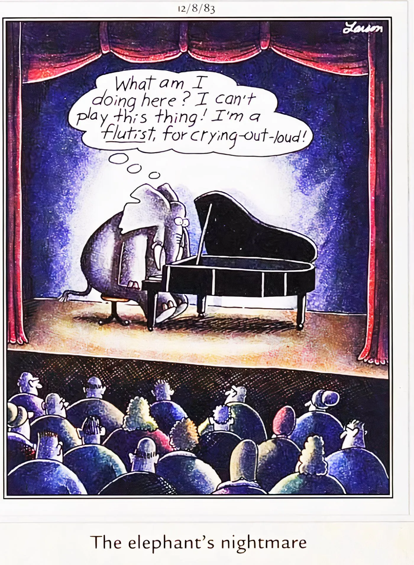 An elephant sitting at a grand piano on a stage in The Far Side. An elephant sitting at a grand piano on a stage in The Far Side.