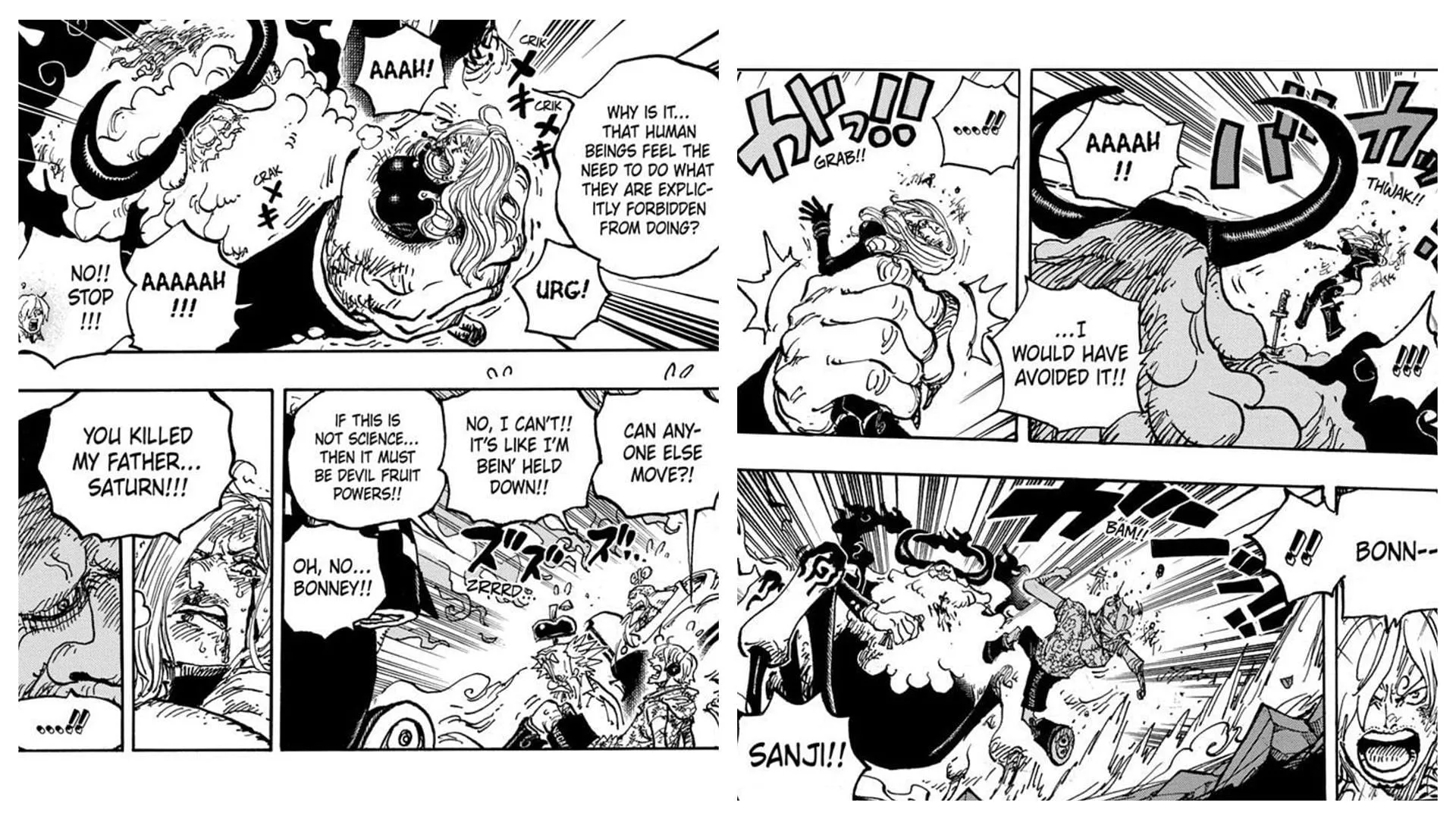 Bonney, Franky, and Sanji were powerless against Saturn (Image via Shueisha) Bonney, Franky, and Sanji were powerless against Saturn (Image via Shueisha)