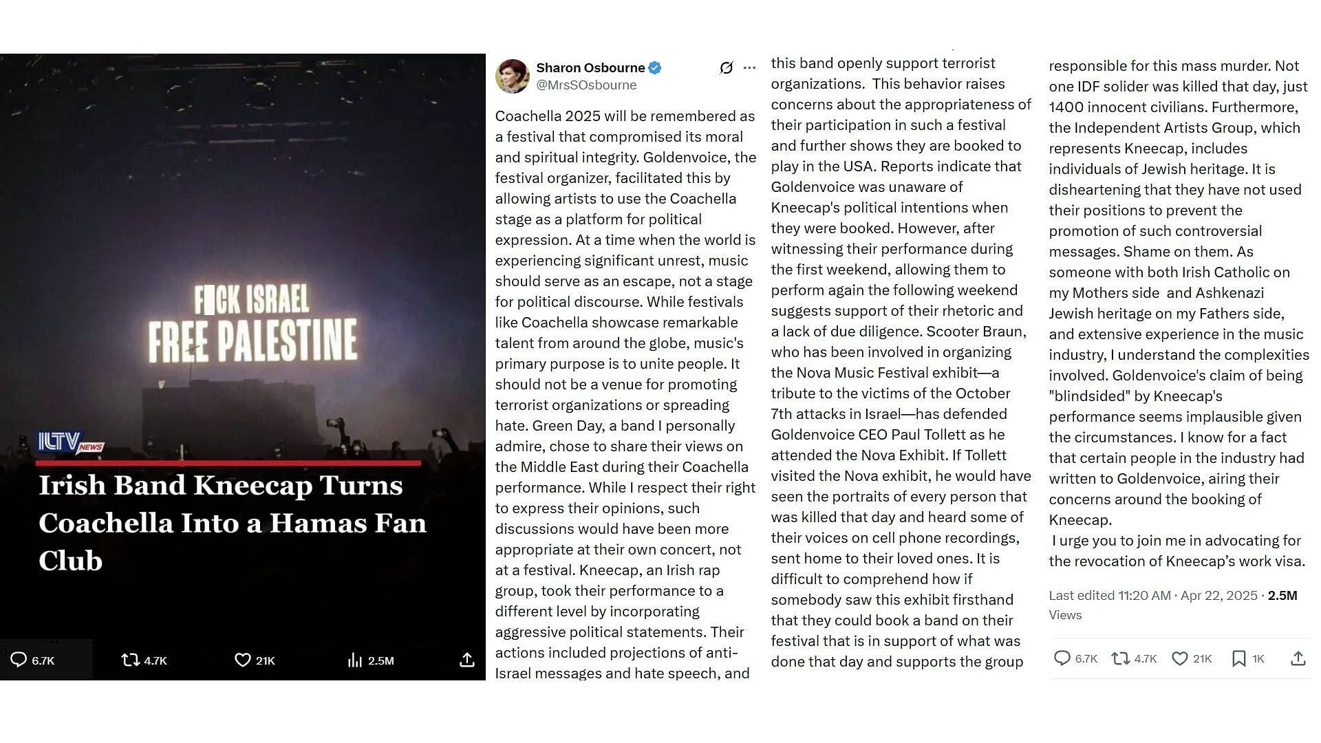 Sharon Osborne's message on X (Image via X/ @MrsSOsbourne)