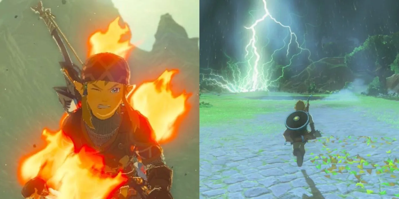 Link's gear catching fire and lightning striking in Breath of the Wild.
