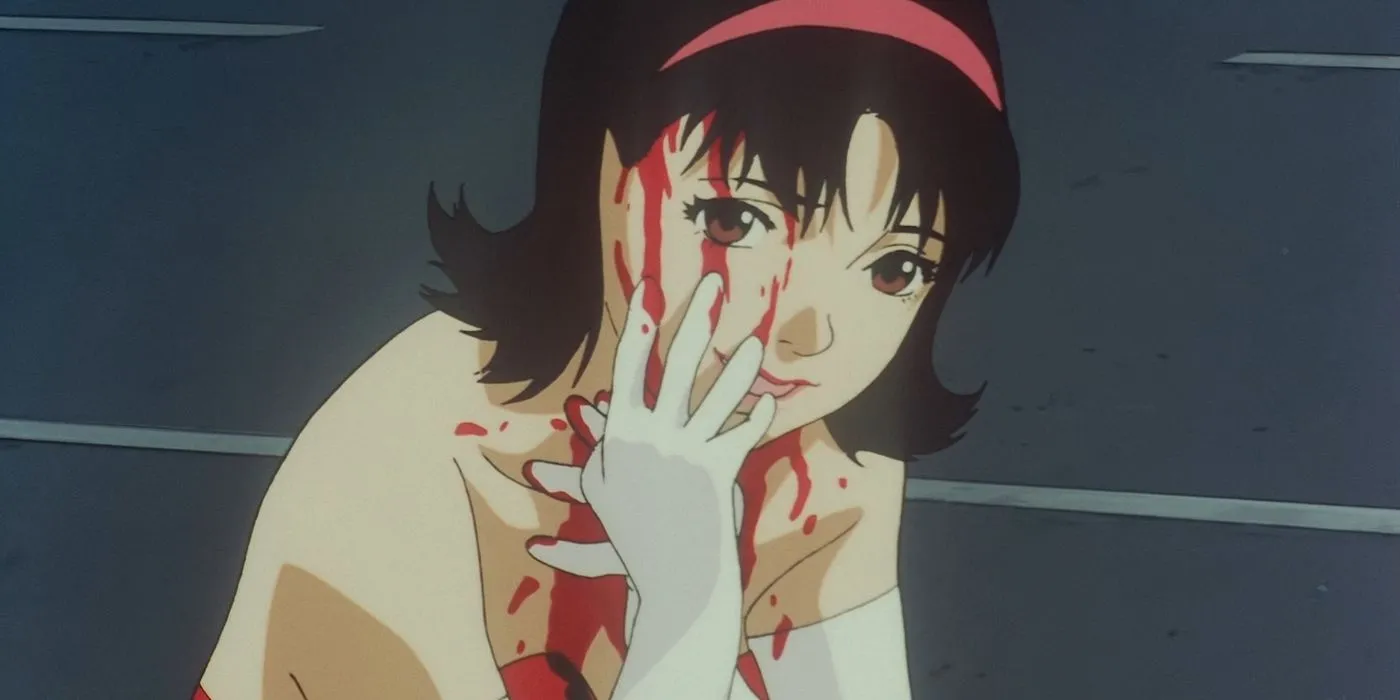Mima touching her bloody face in Perfect Blue. Mima touching her bloody face in Perfect Blue.