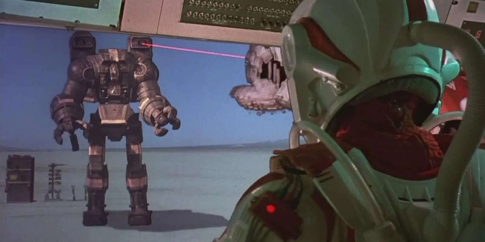 A giant robot is shot with a lazer in Robot Jox A giant robot is shot with a lazer in Robot Jox