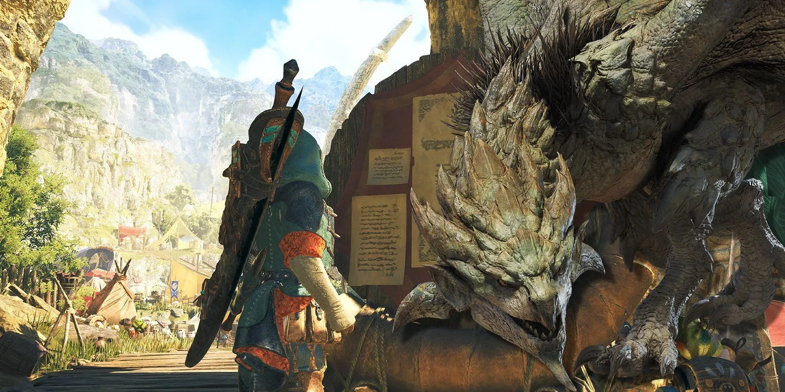 A Rathian encroaching while a player reads off the Arena quest board in Monster Hunter Wilds.