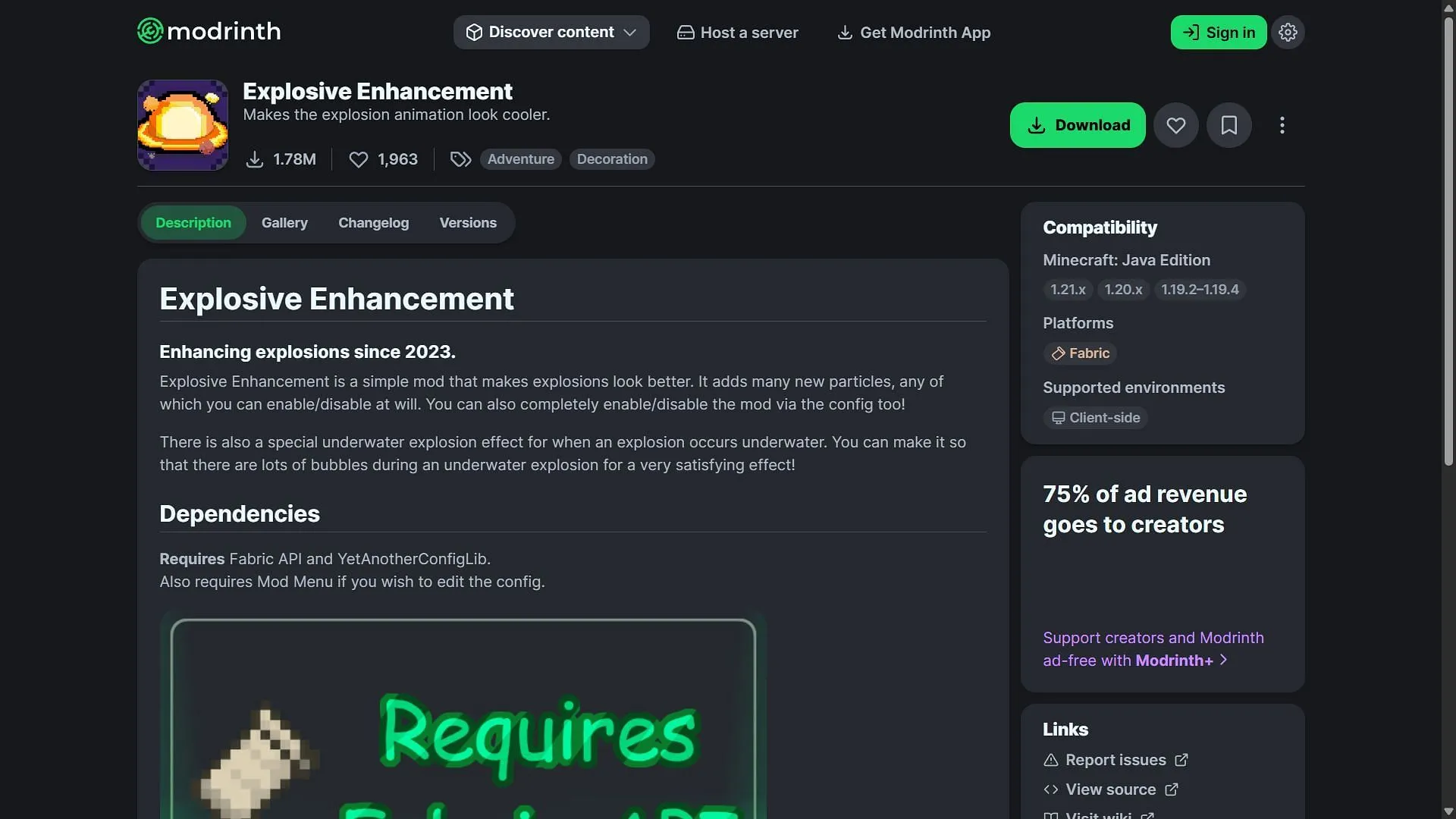 You can download Explosive Enhancement from Modrinth (Image via Modrinth/@Superkat32) You can download Explosive Enhancement from Modrinth (Image via Modrinth/@Superkat32)