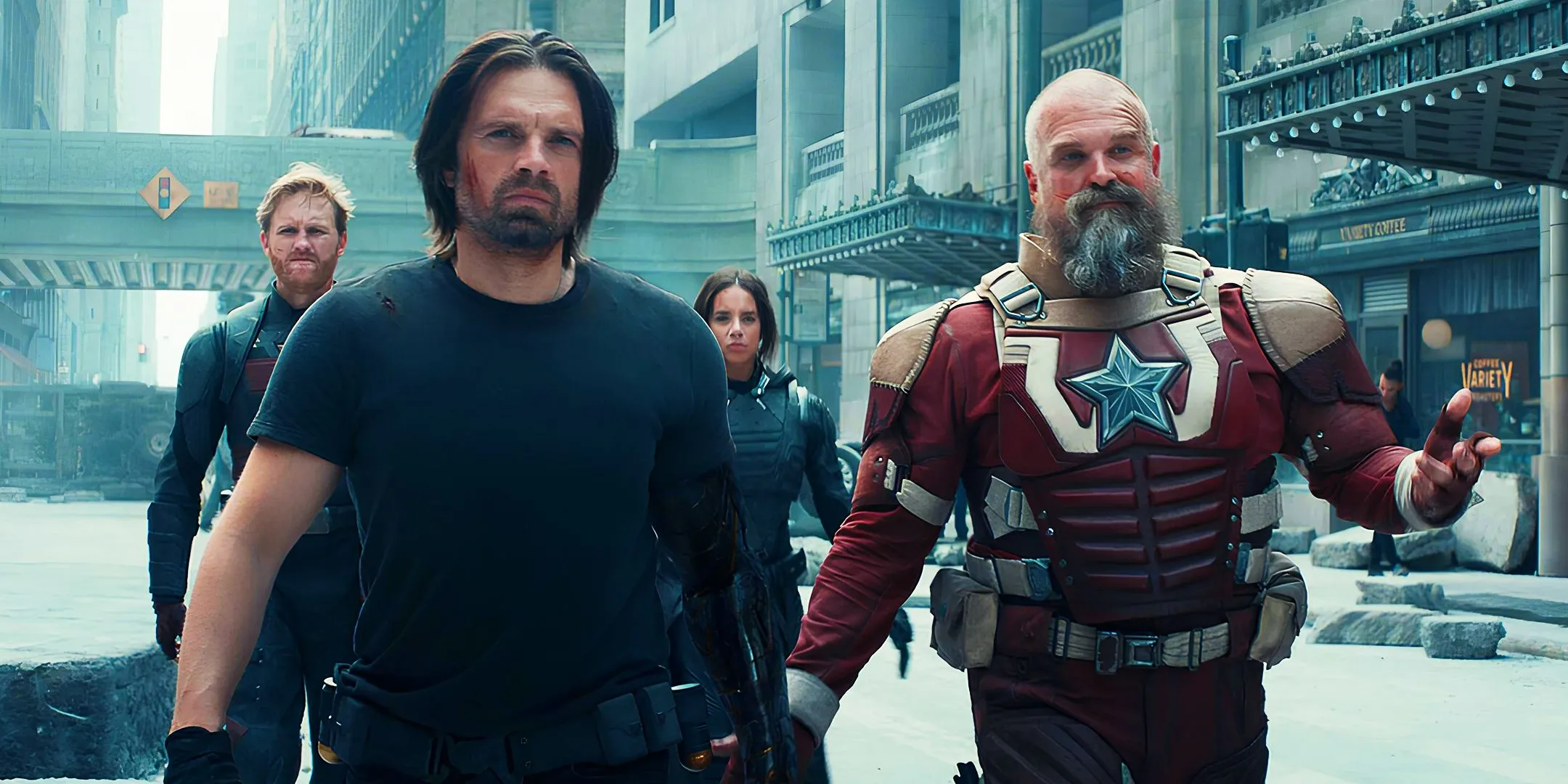 The Thunderbolts walking together in New York City