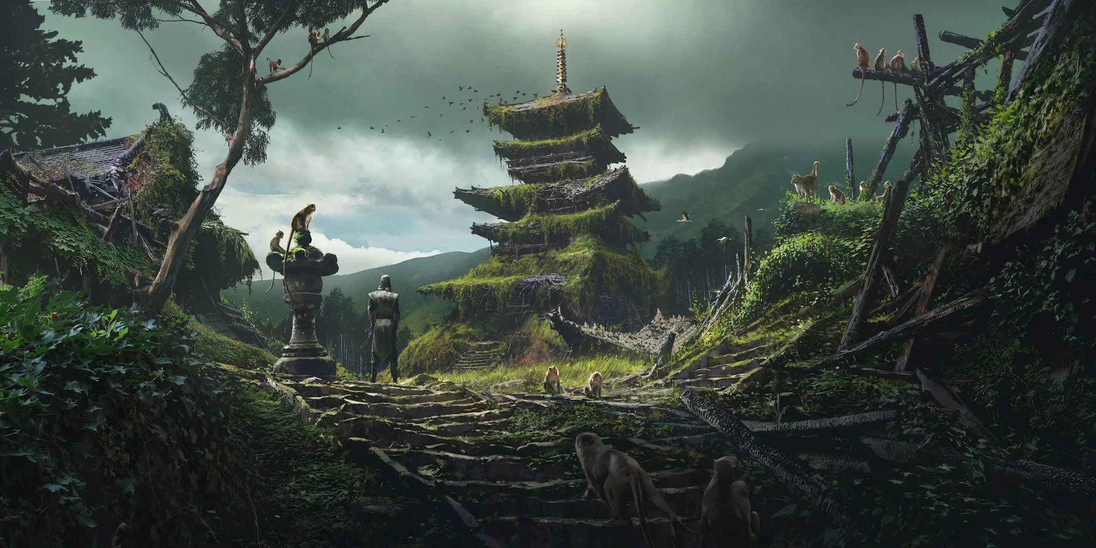 A ruined temple covered in moss in Assassin's Creed Shadows. A ruined temple covered in moss in Assassin's Creed Shadows.
