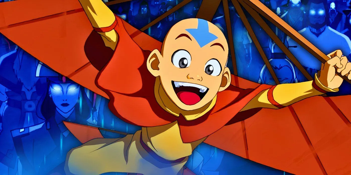 Aang riding his glider in Avatar: The Last Airbender in front of the dead Avatars tinted blue Aang riding his glider in Avatar: The Last Airbender in front of the dead Avatars tinted blue