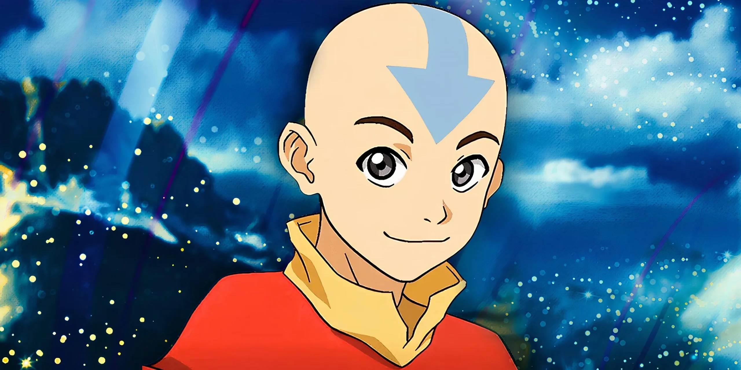 Avatar: The Last Airbender's Aang smiles in front of a cloudy blue background. Avatar: The Last Airbender's Aang smiles in front of a cloudy blue background.