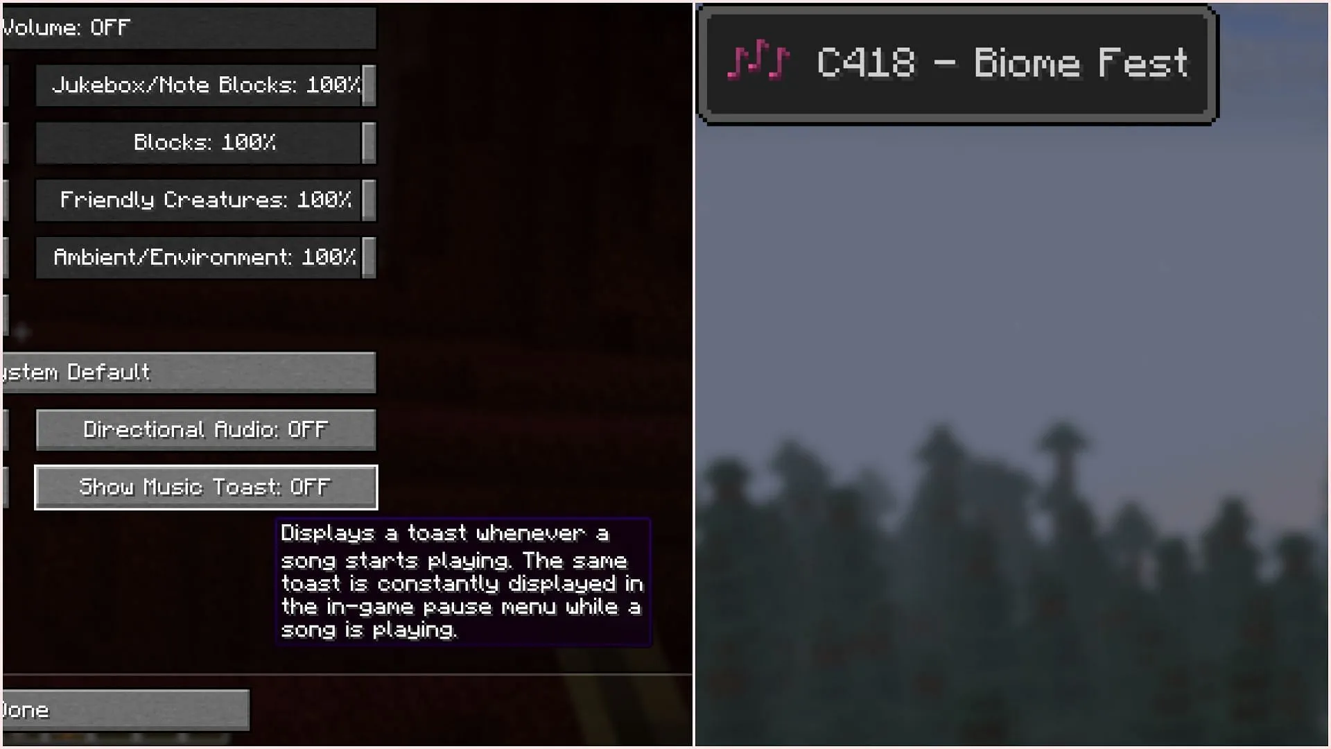 Music toast displays the song and artist details when music plays
