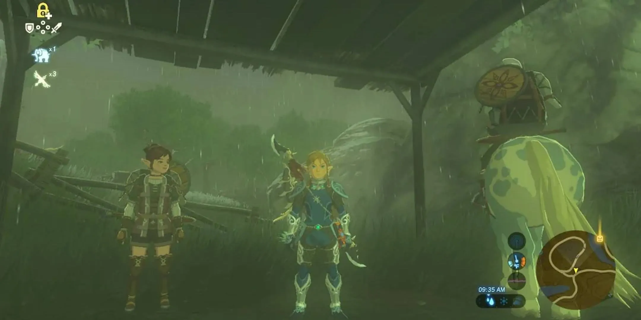 NPC seeking shelter from the rain in Breath of the Wild