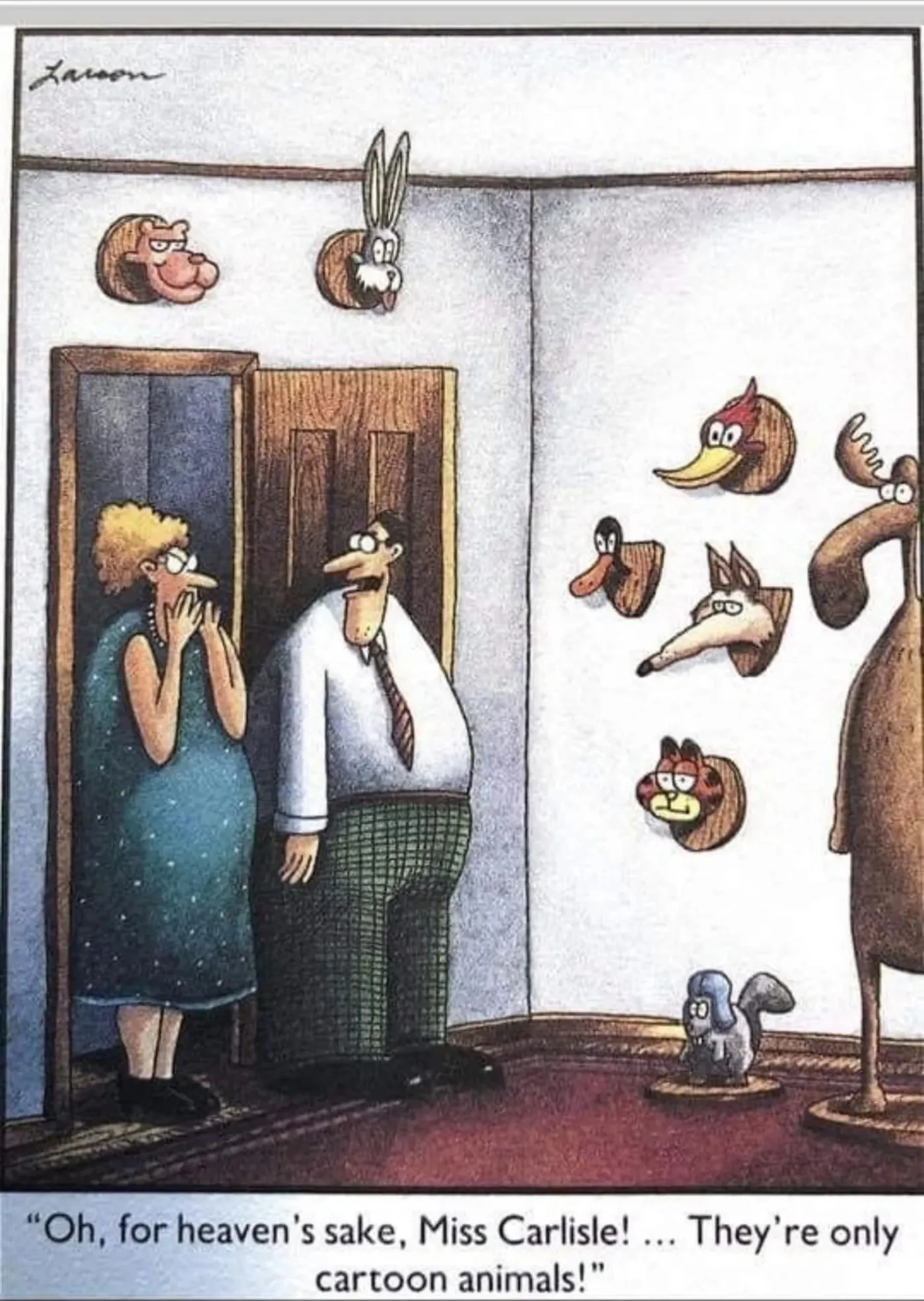 Far Side, mounted cartoon heads and stuffed Rocky and Bullwinkle in man's house. Far Side, mounted cartoon heads and stuffed Rocky and Bullwinkle in man's house.