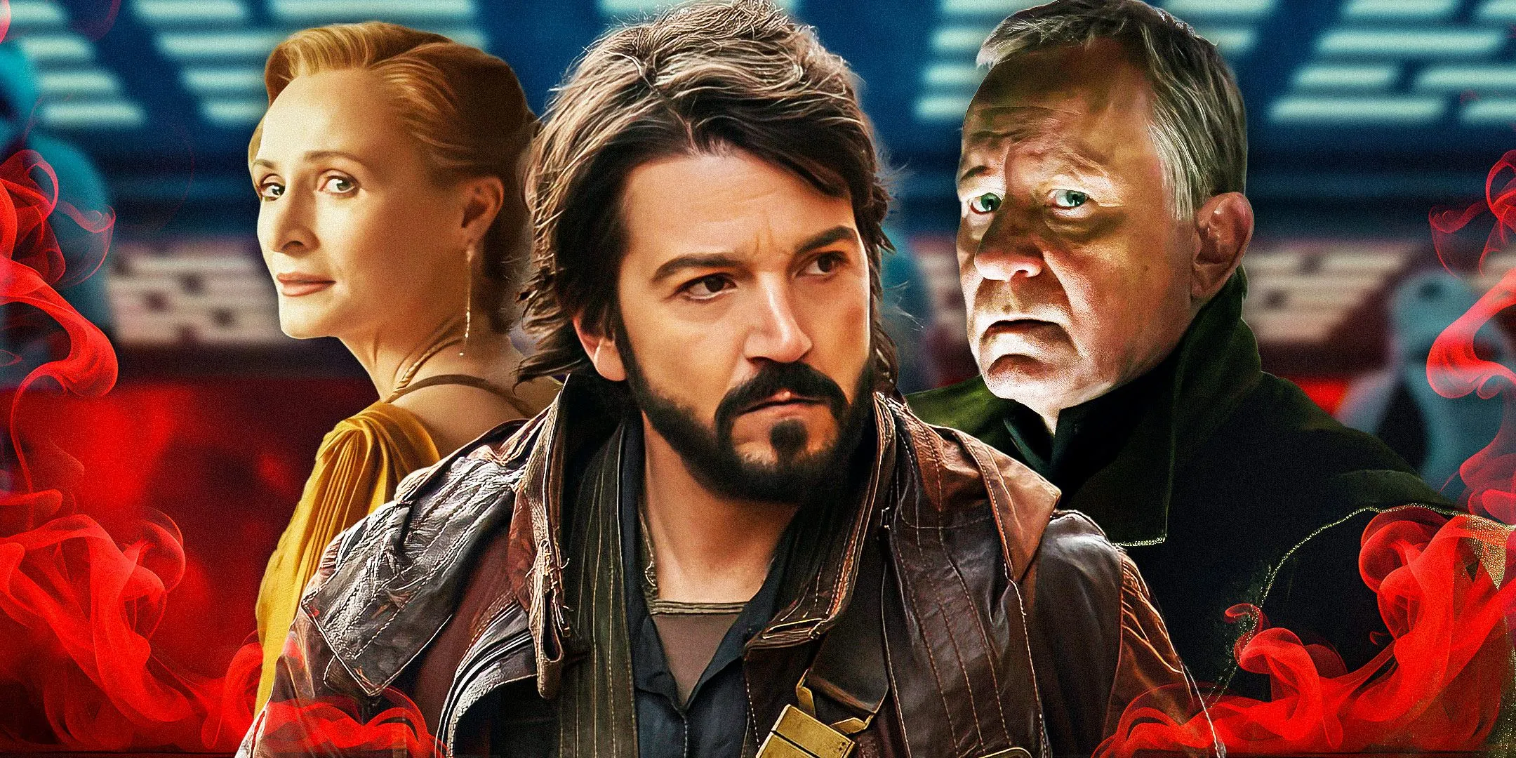 Cassian Andor surrounded by Mon Mothma and Luthen Rael