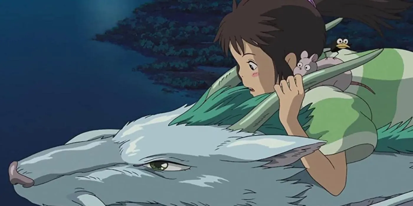 Chihiro riding Haku the dragon