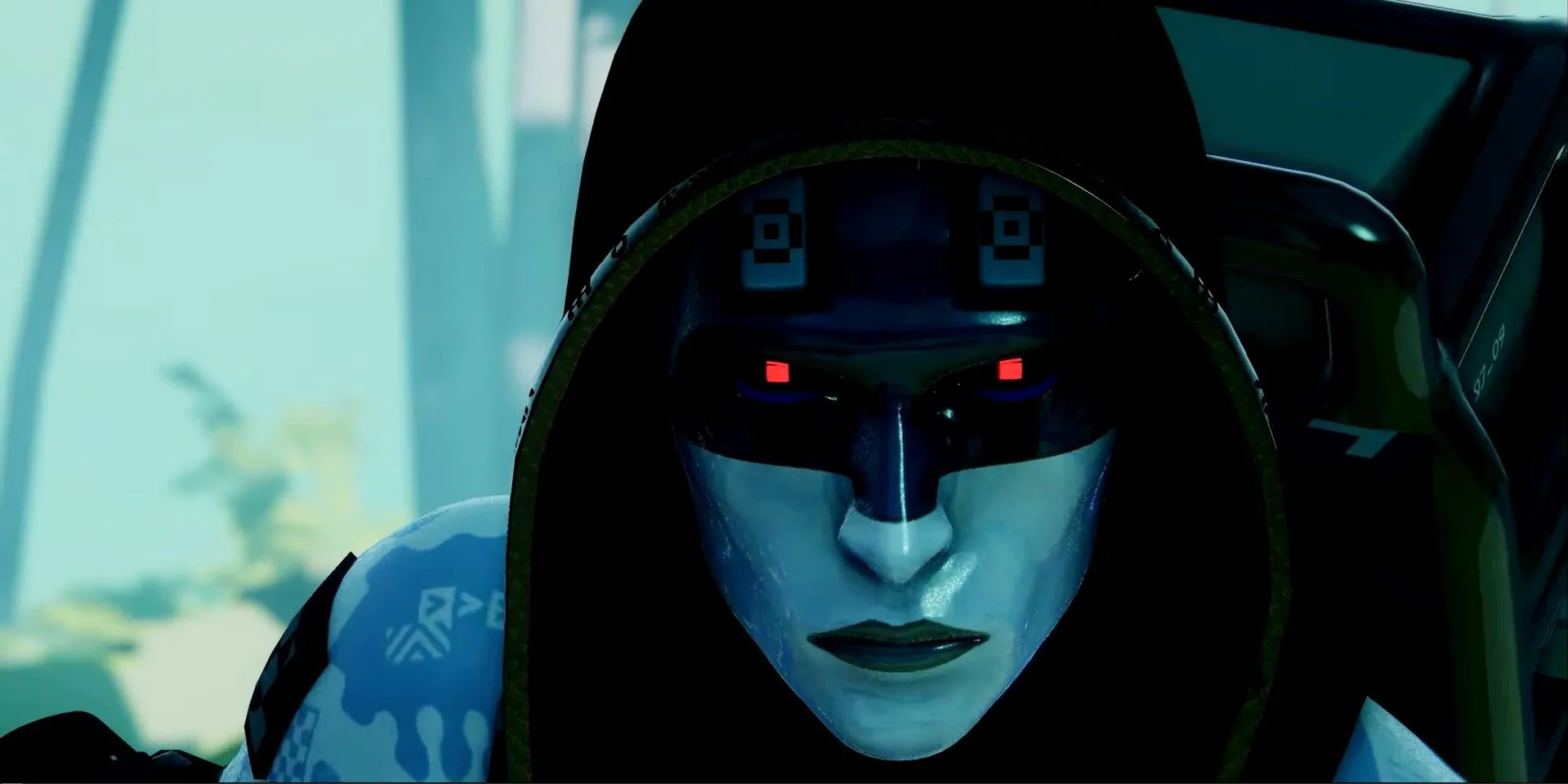 Close-up of hooded runner character in Marathon Close-up of hooded runner character in Marathon