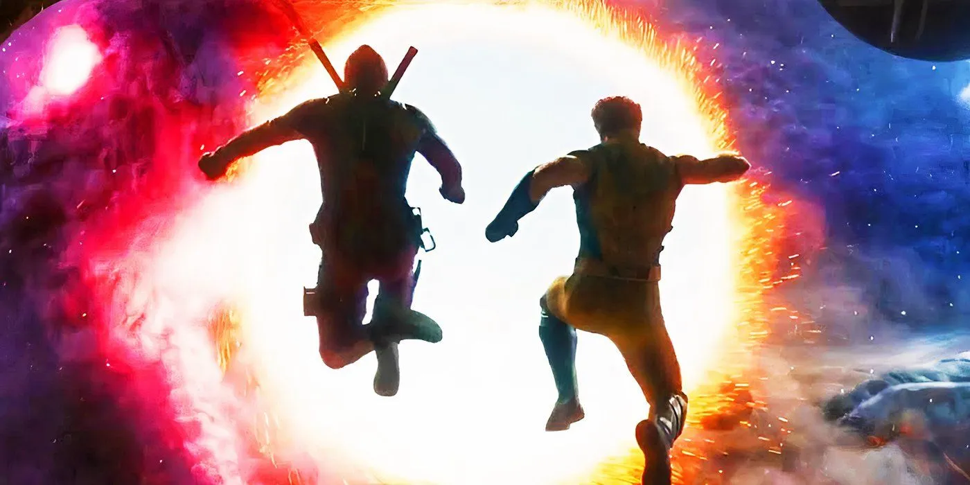 Deadpool and Wolverine jumping into a portal