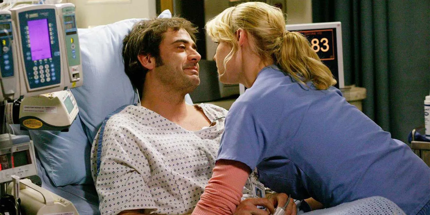 Denny in a hospital bed with Izzie in Grey's Anatomy